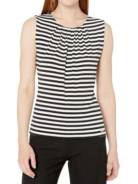 Calvin Klein Sleeveless Striped Pleat Neck Cami. Black | White Women's Sz- L